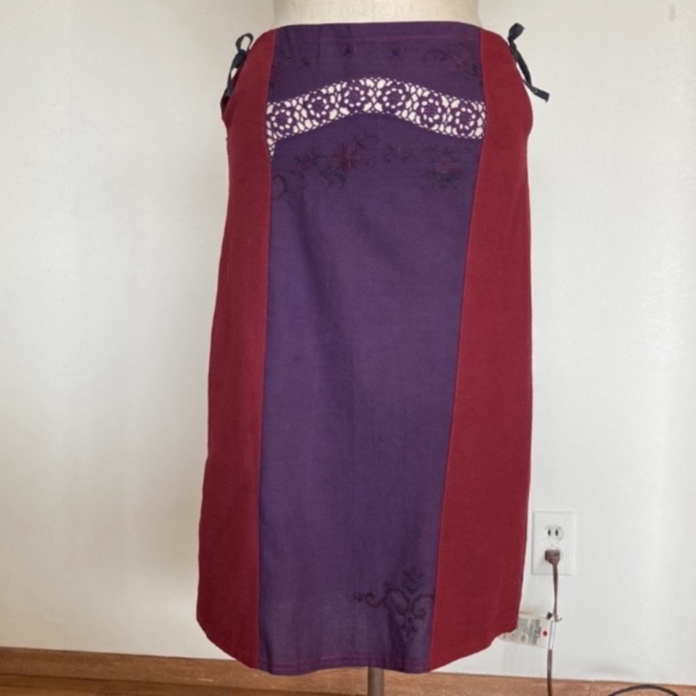 Urban Renewal unusual skirt, embroidered, printed, crochet insert, side ties, S